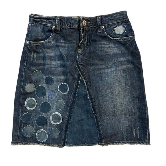 Mudd Dresses & Skirts - Y2K Mudd Jeans Raw Hem Straight Denim Skirt Womens Jrs Size 5 DIY Patches Indie